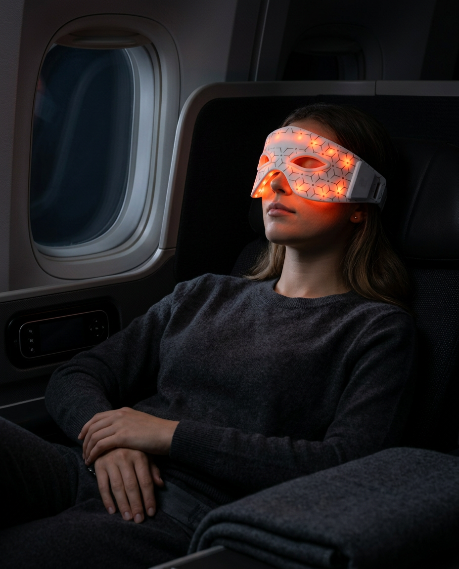 Woman on a plane wearing the glowing red light eye mask while resting