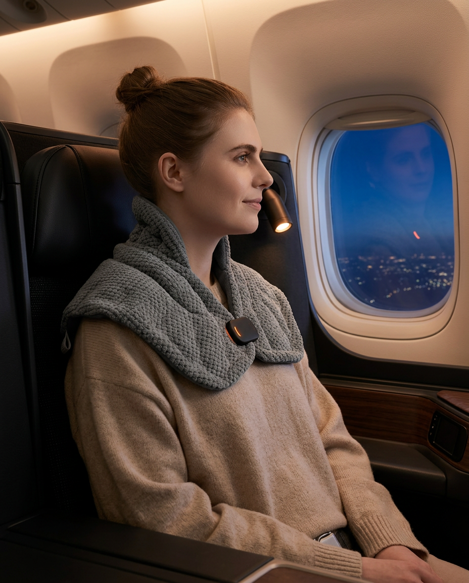 Woman wearing the heated neck wrap relaxing by an airplane window at night