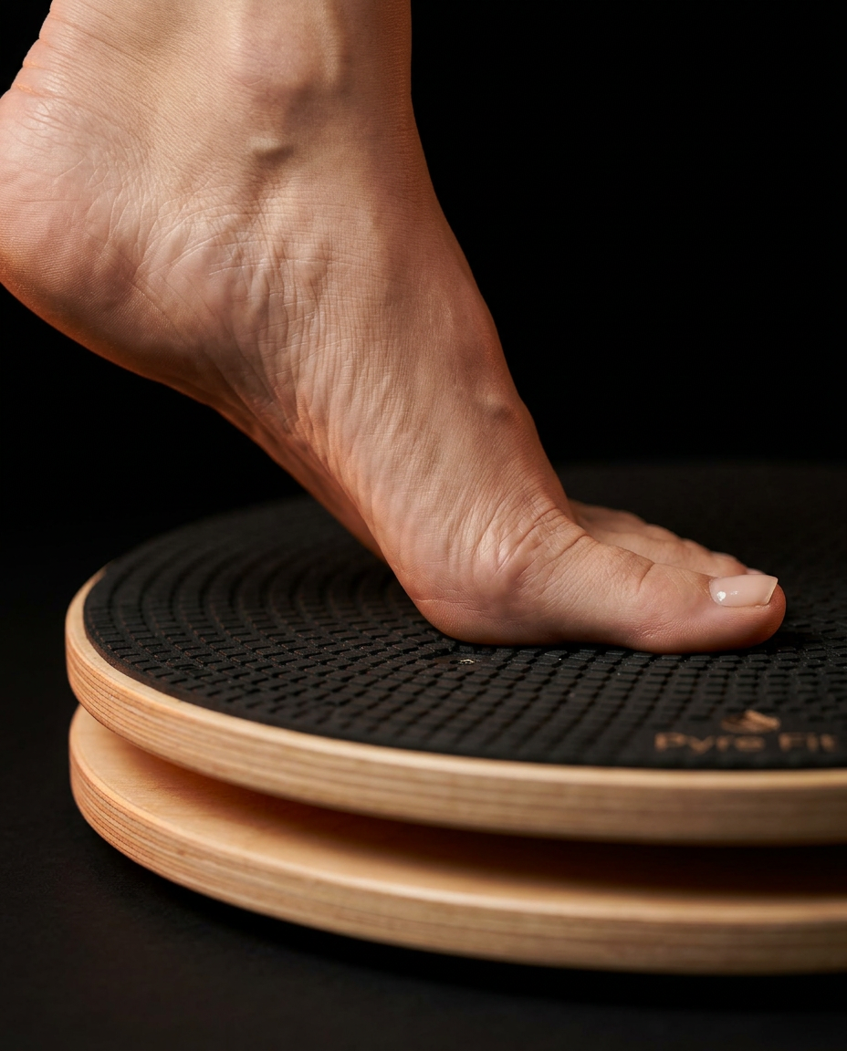 Macro of a bare foot gripping the anti-slip textured surface of the board