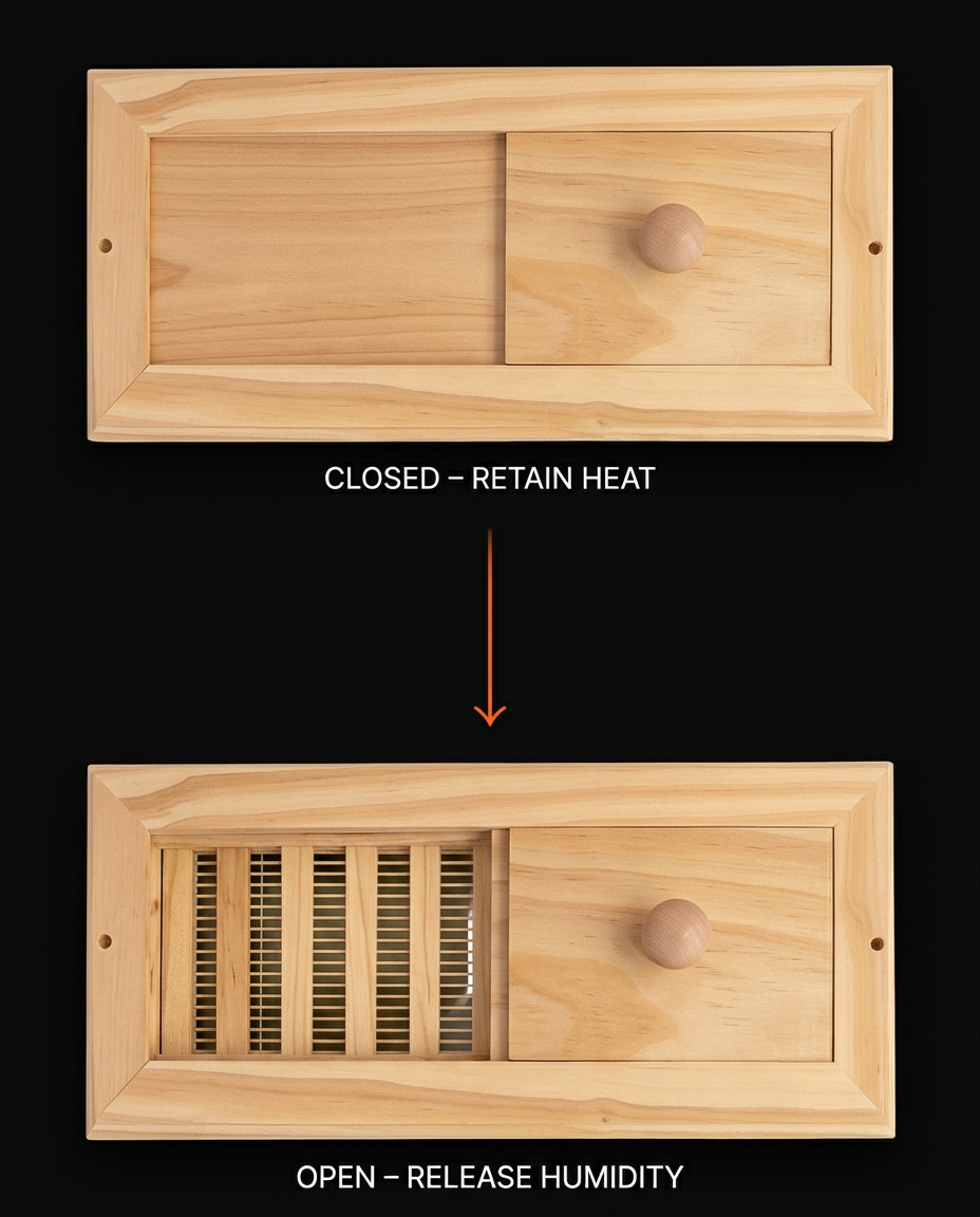 Comparison of the vent slider closed to retain heat and open to release humidity