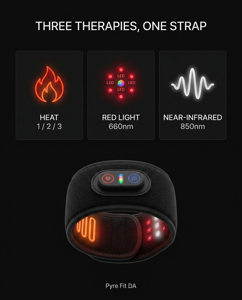 Diagram of the wrist strap's three massage: heat, red light and infrared