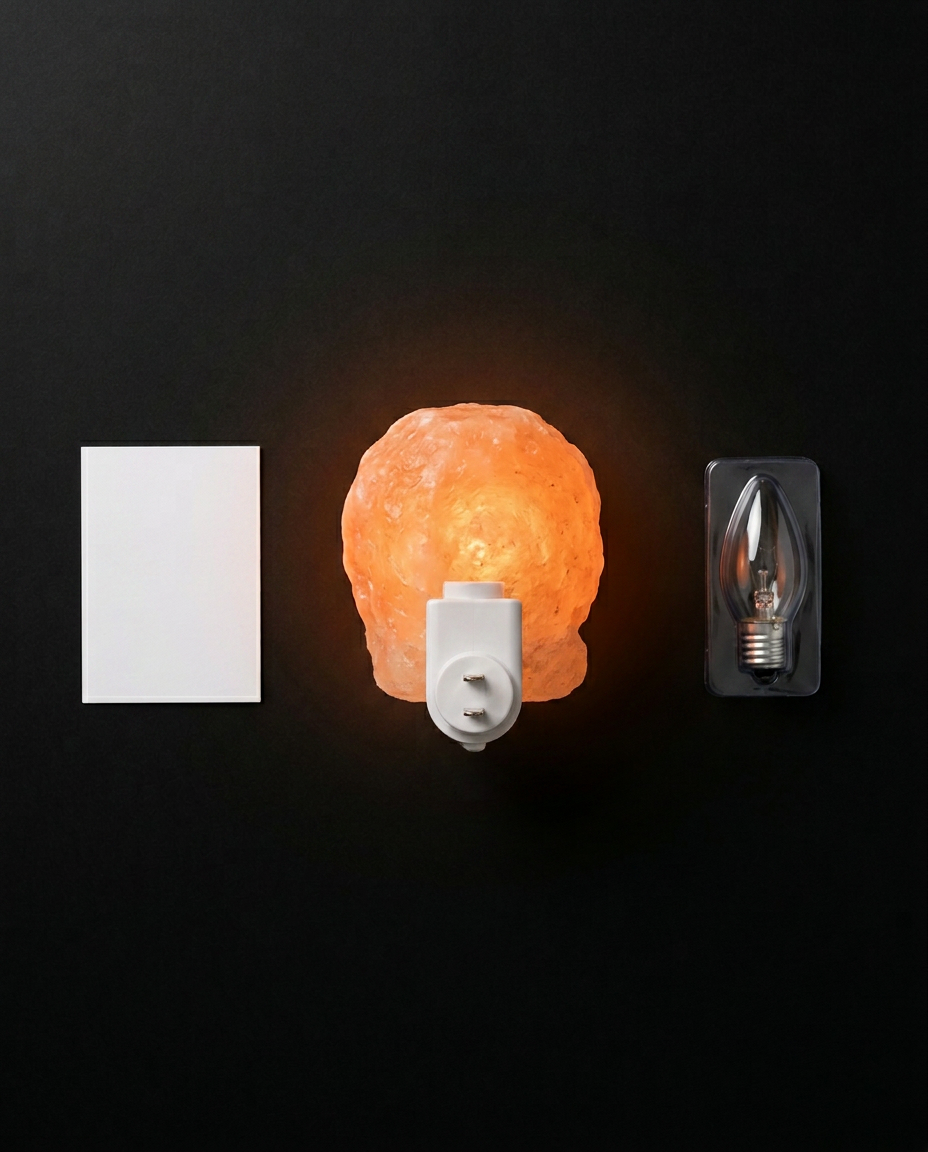 Flat-lay of the glowing salt lamp with a spare bulb and instruction card