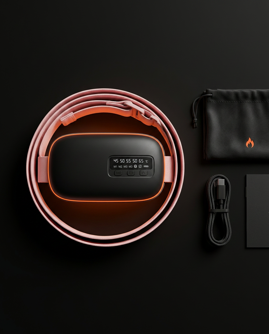 Flatlay of the waist belt in round packaging with cable and pouch