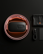 Flatlay of the waist belt in round packaging with cable and pouch
