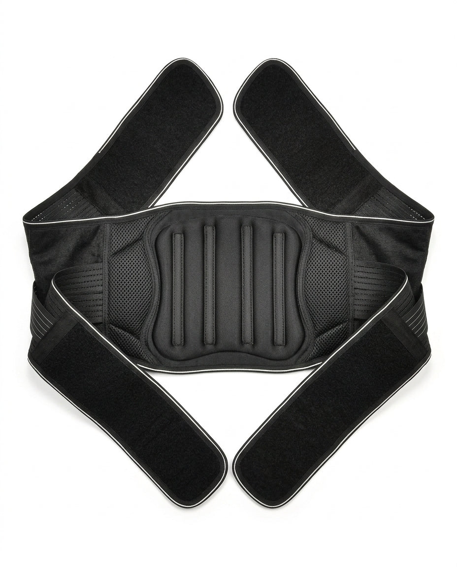 Back view of the open support belt showing the contoured lumbar pad and straps