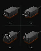 Plug variants grid showing US, EU, UK and AU adapters for the foot spa