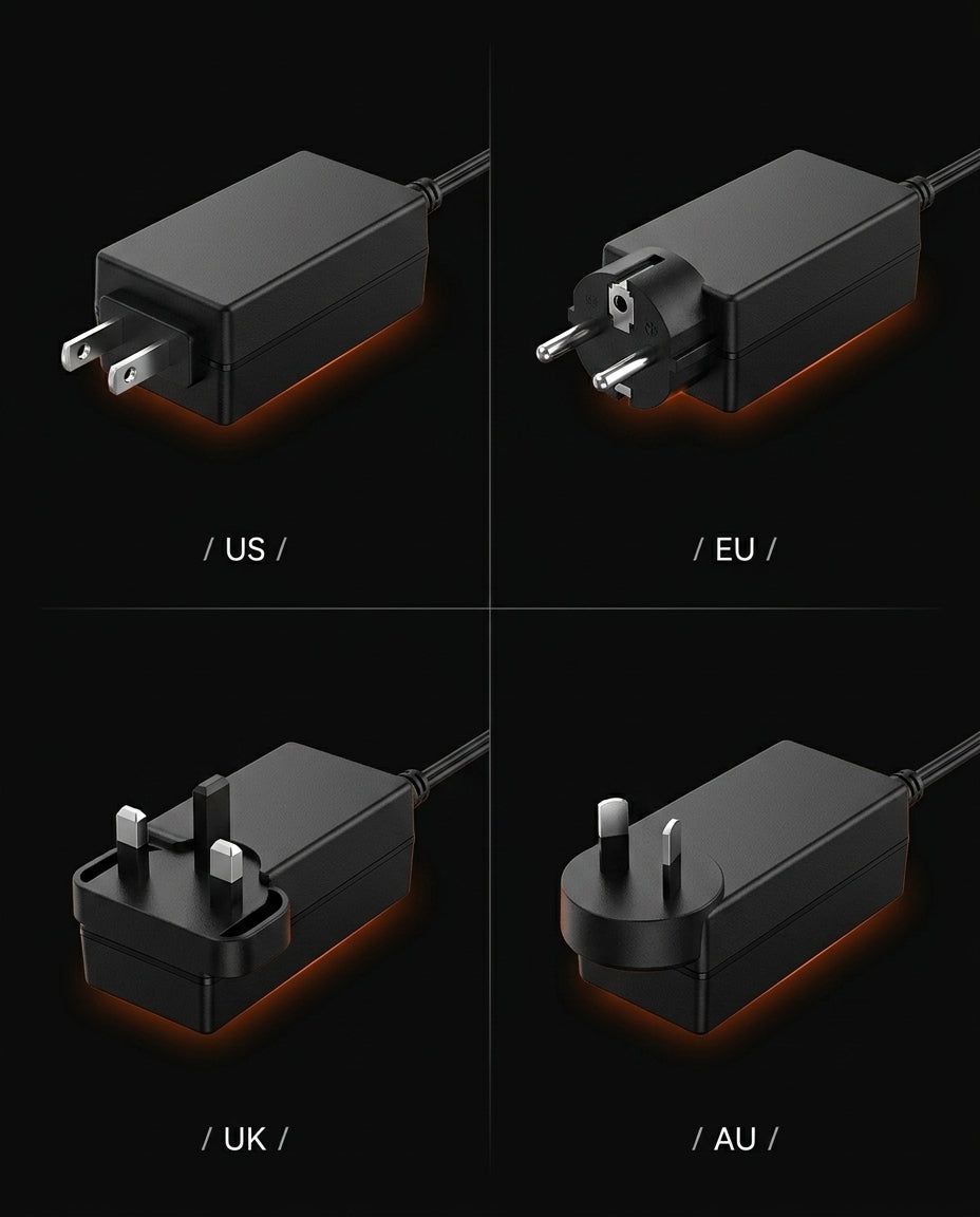 Plug variants grid showing US, EU, UK and AU adapters for the foot spa