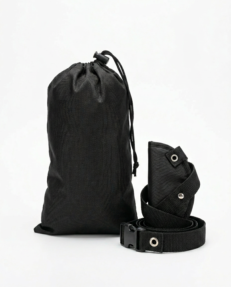 Foot hammock folded compact beside its black drawstring travel pouch