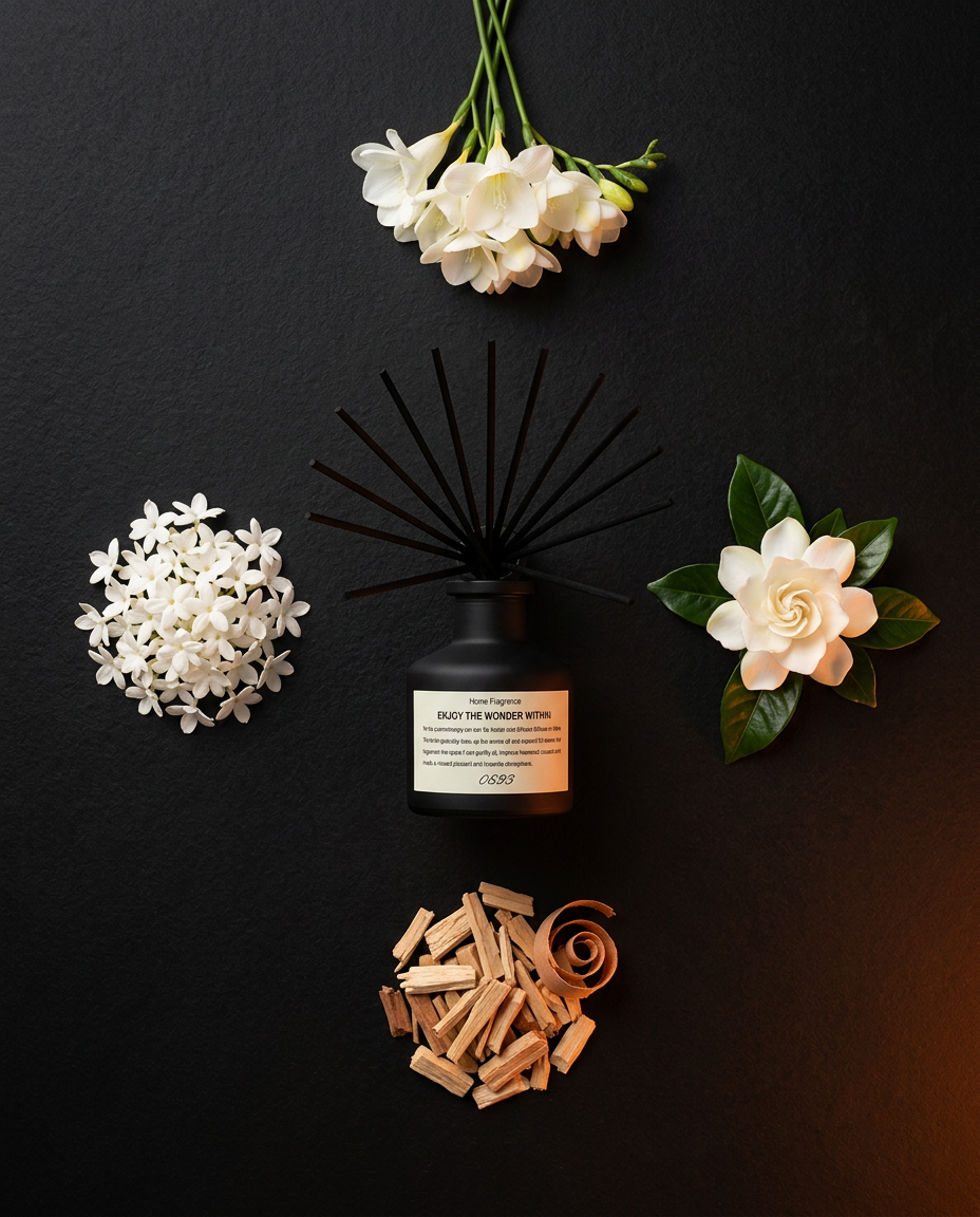 Flat lay of the reed diffuser with white flowers and cinnamon, scent family