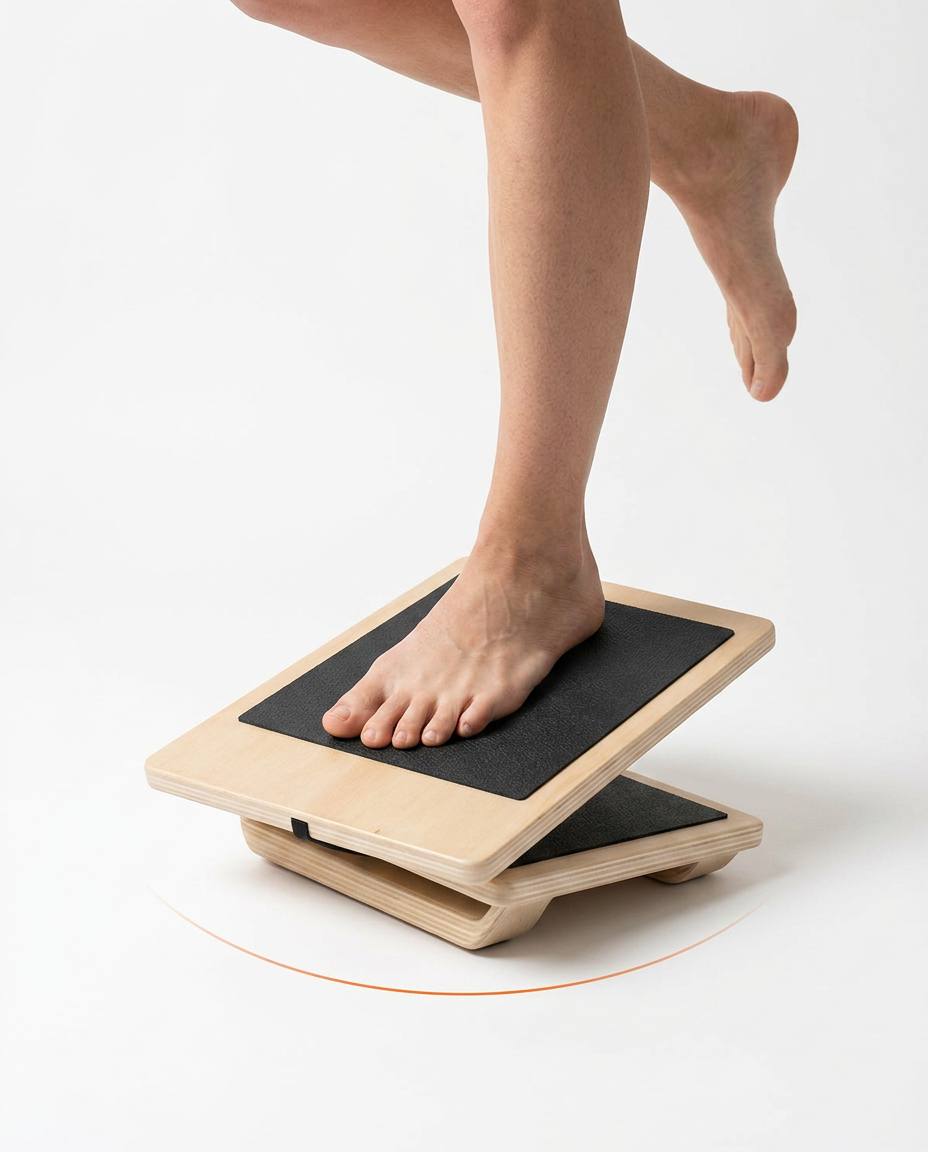 Bare foot tilting the wooden ankle balance board during a single-leg exercise