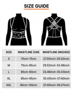 Posture brace size guide with waistline ranges in centimeters and inches