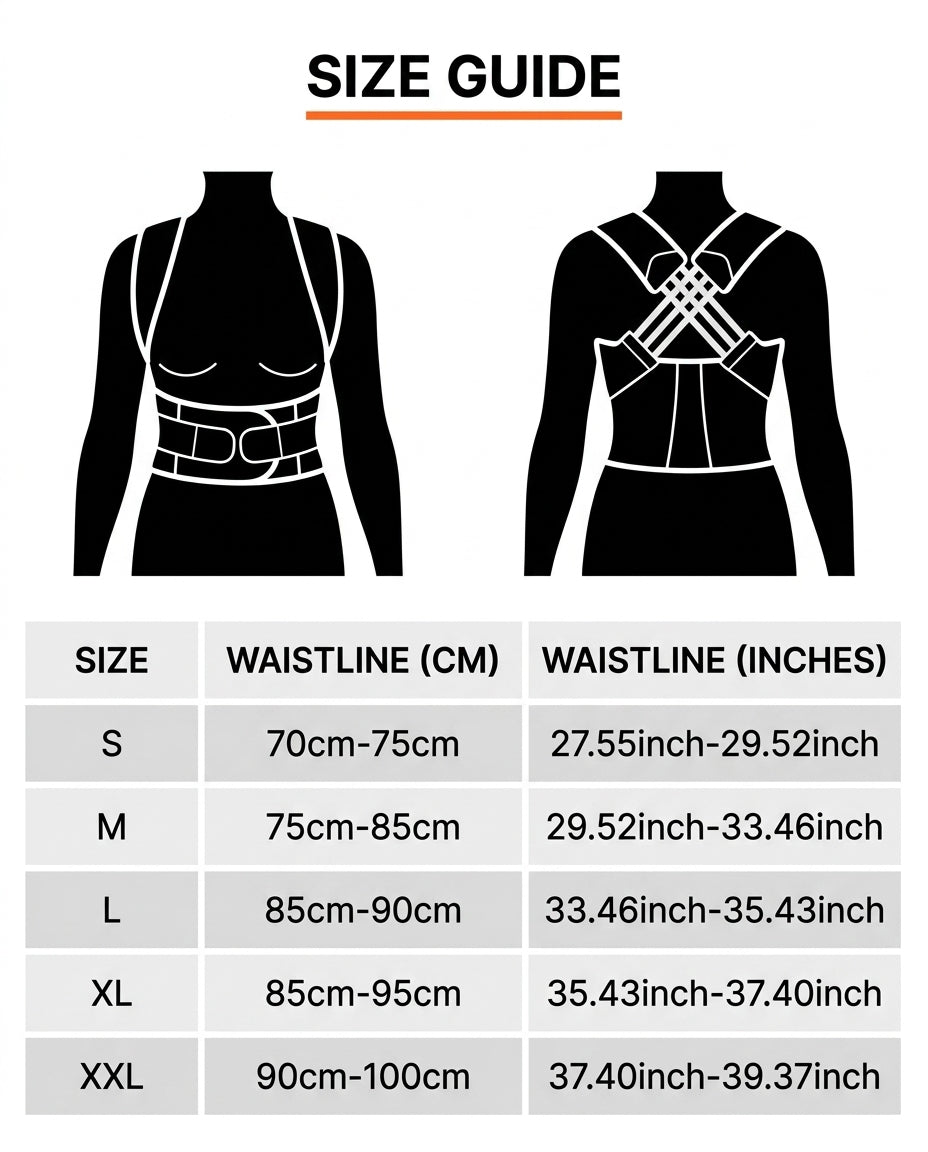 Posture brace size guide with waistline ranges in centimeters and inches