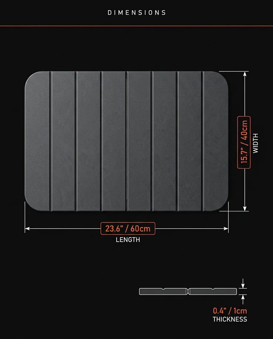 Dimensions infographic of the bath mat length, width and thickness in inches and cm