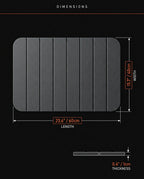 Dimensions infographic of the bath mat length, width and thickness in inches and cm