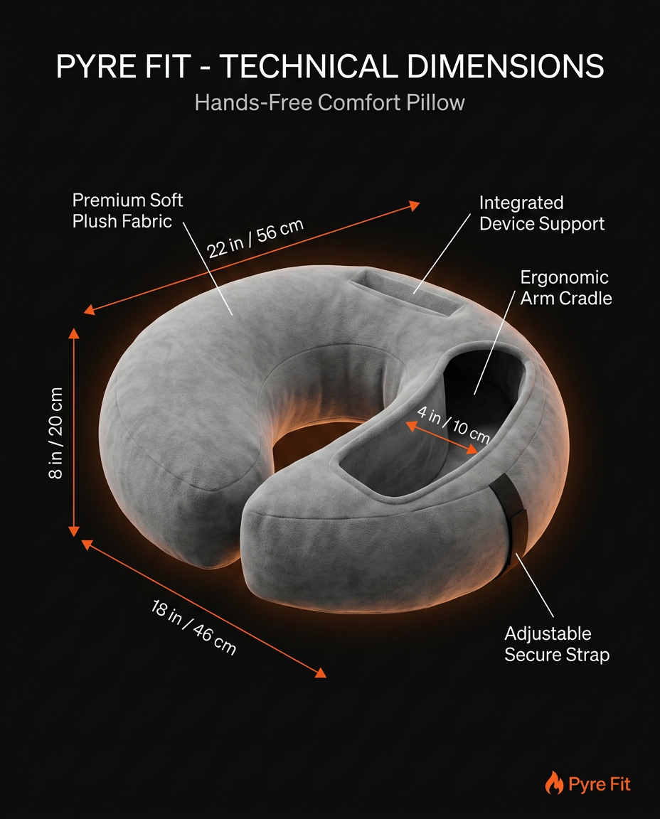 Dimensions infographic for the hands-free comfort pillow in inches and centimeters
