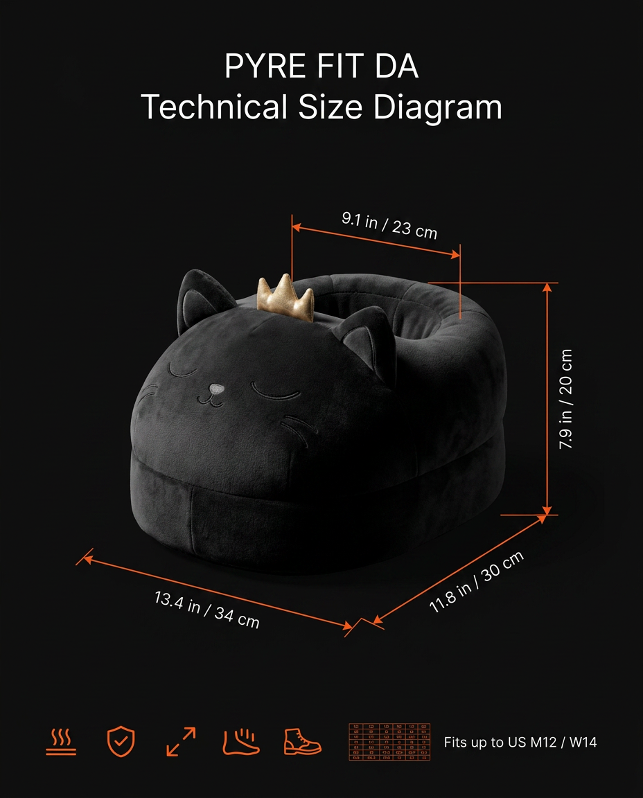 Size diagram of cat foot warmer with dimensions and US shoe fit