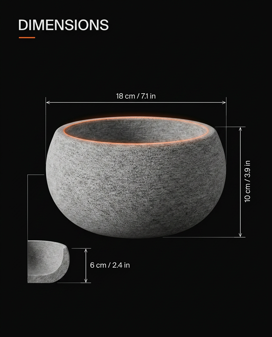 Dimensions diagram of the stone aromatherapy bowl in inches and centimeters