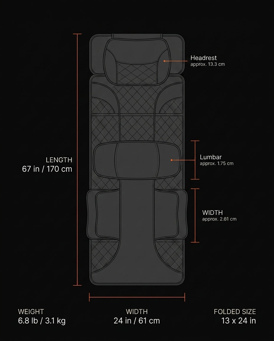 Dimension chart for the massage mat: length, width and folded size