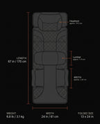 Dimension chart for the massage mat: length, width and folded size