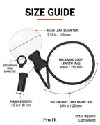 Size guide infographic with lens diameters and neckband length in inches and mm
