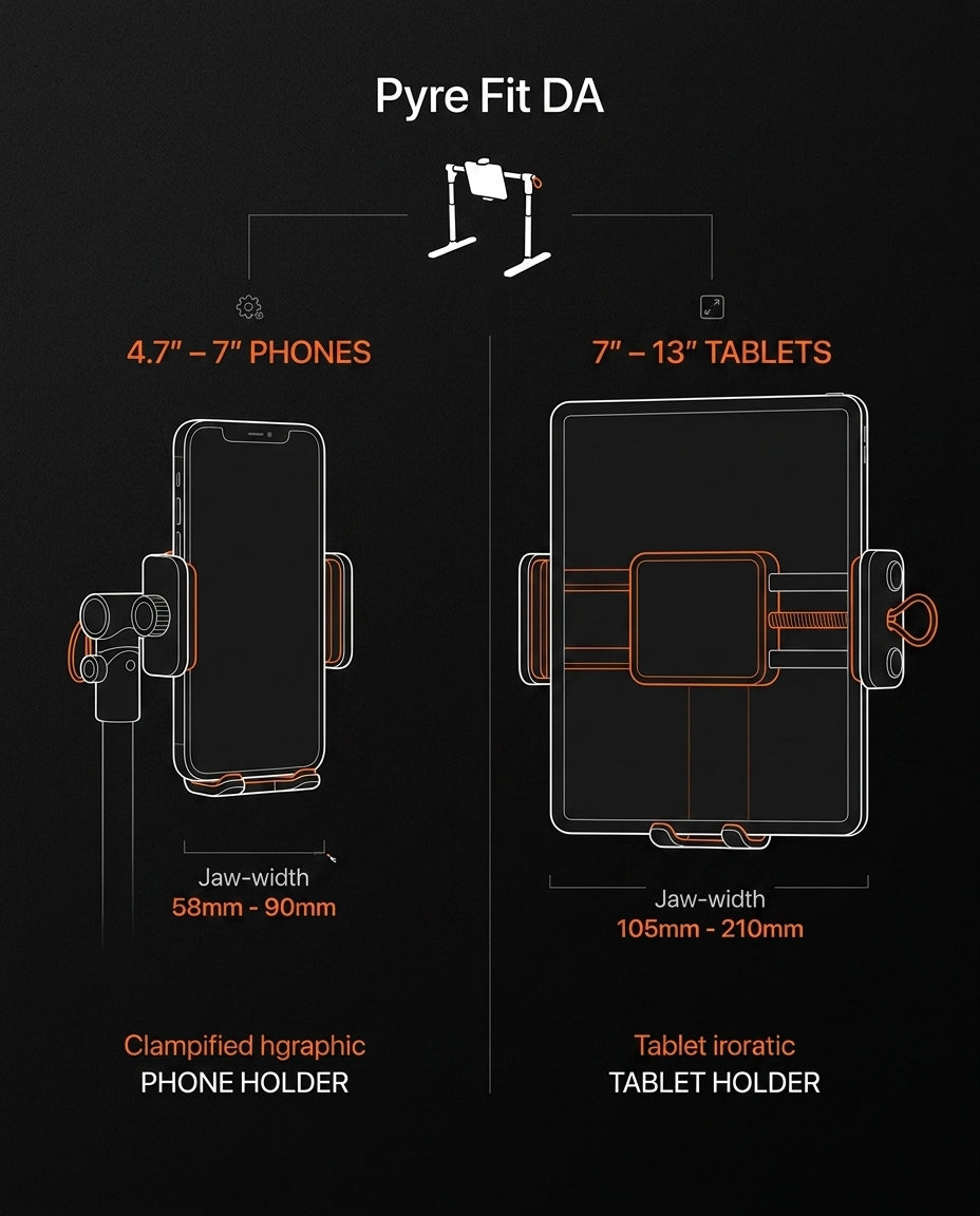 Size guide showing the tablet stand fits 4.7 to 13 inch phones and tablets