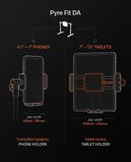 Size guide showing the tablet stand fits 4.7 to 13 inch phones and tablets