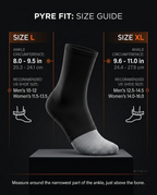 Ankle sleeve size guide with L and XL circumference and shoe size ranges