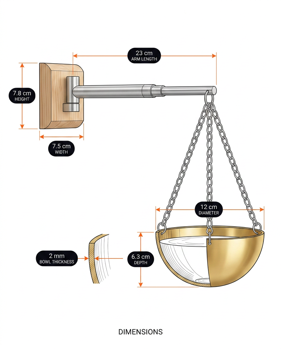 Dimensions guide for hanging sauna oil bowl showing arm, depth and diameter