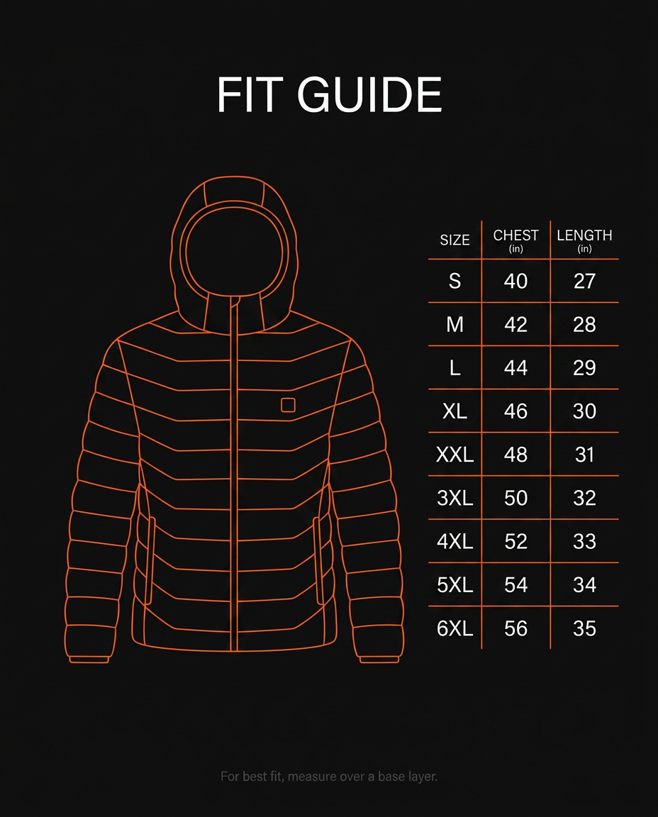 Fit guide infographic with heated jacket sizes and measurements