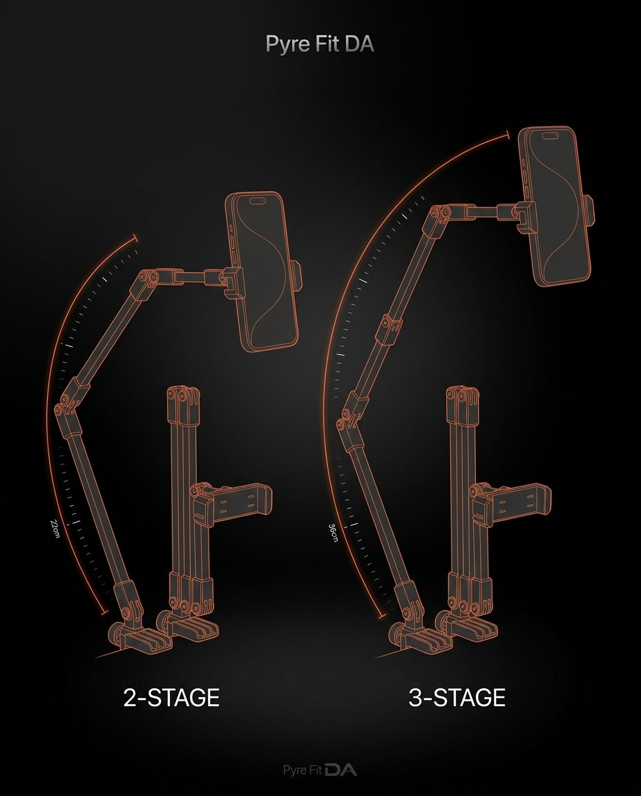 Size guide comparing the 2-stage and 3-stage phone arm reach