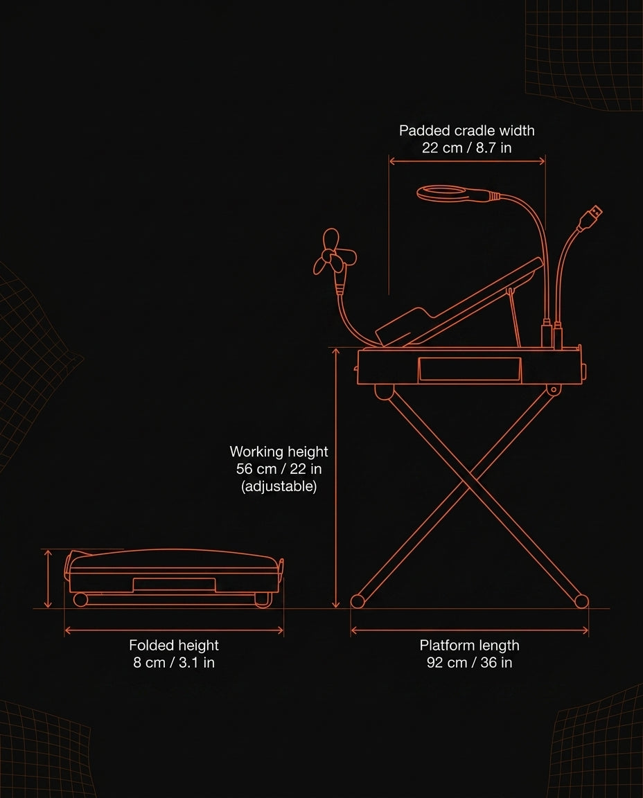 Dimension diagram of the foot station in centimeters and inches, folded and open