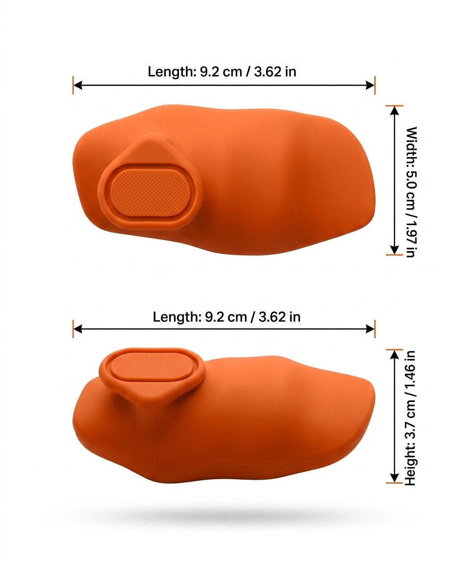 Size infographic listing grip pad dimensions 9.2 by 5.0 by 3.7 cm