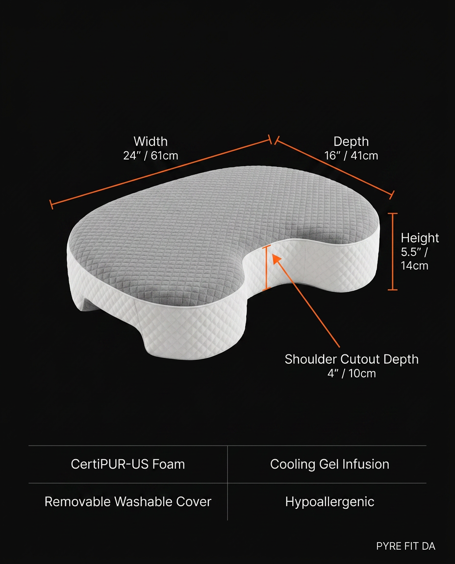 Size specs infographic for the side sleeper pillow with dimensions in inches and cm
