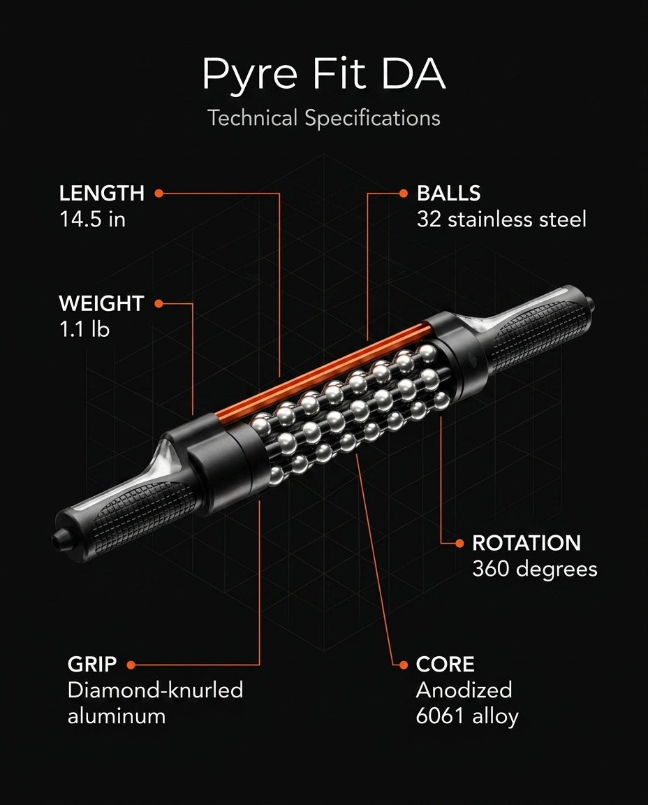 Massage roller spec chart: 14.5 in length, 32 steel balls, 360-degree rotation