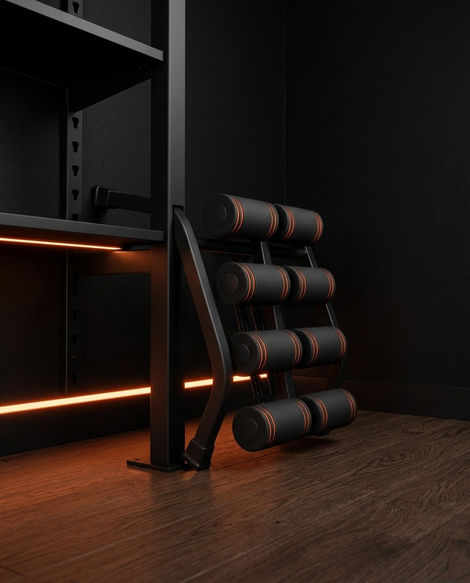 Bench folded and stored upright against a wall showing its compact footprint