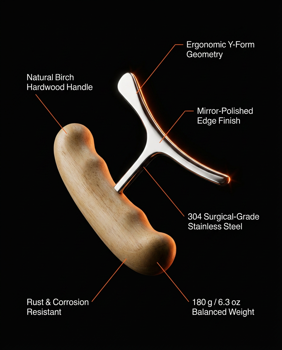 Spec callouts: birch handle, 304 surgical steel, polished edge, 180g balance
