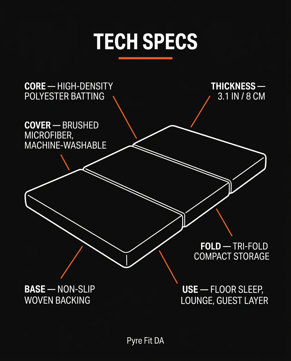 Tech specs diagram of the tri-fold floor mattress with labeled core and cover