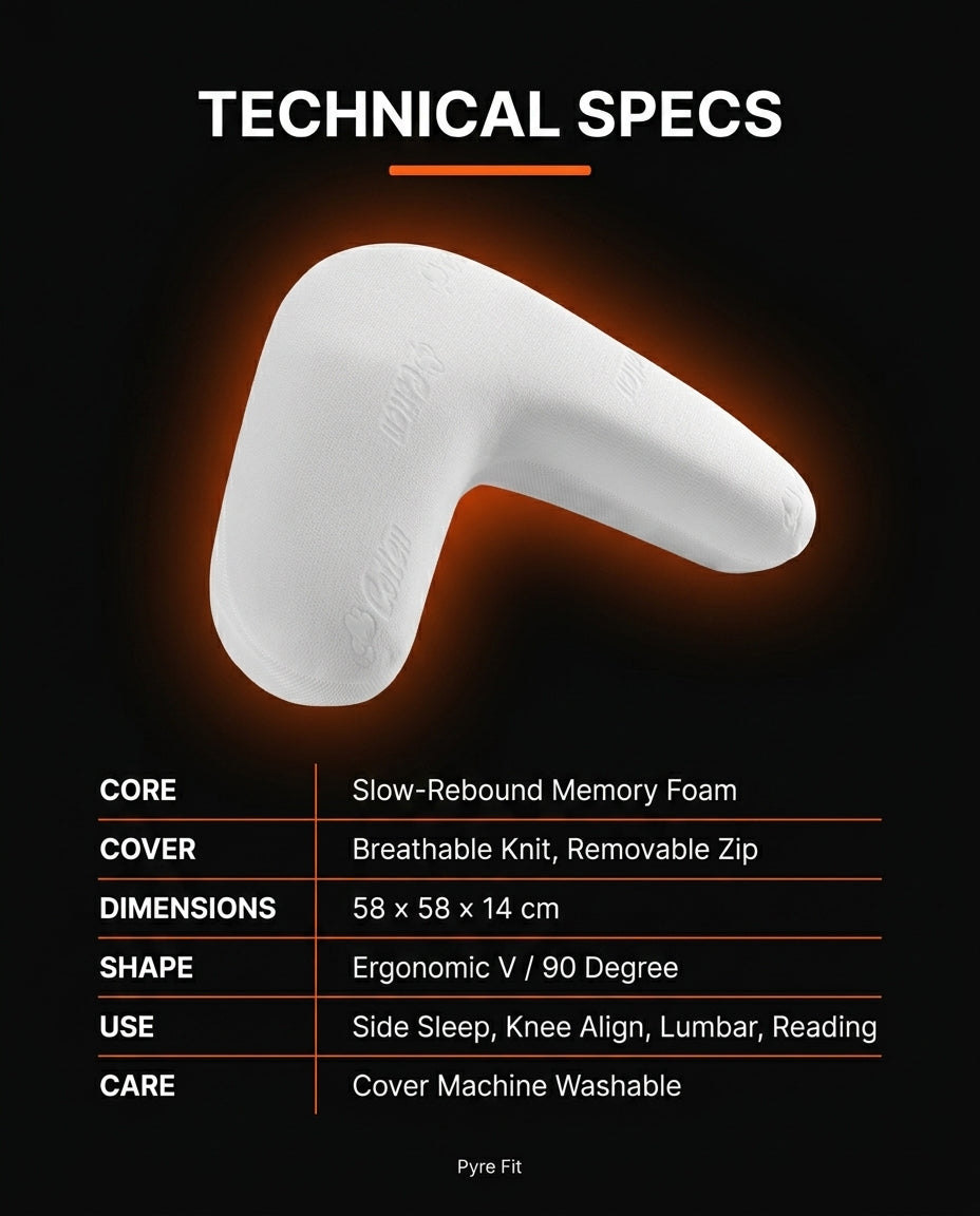 Technical specs sheet for the ergonomic V-shaped memory foam pillow