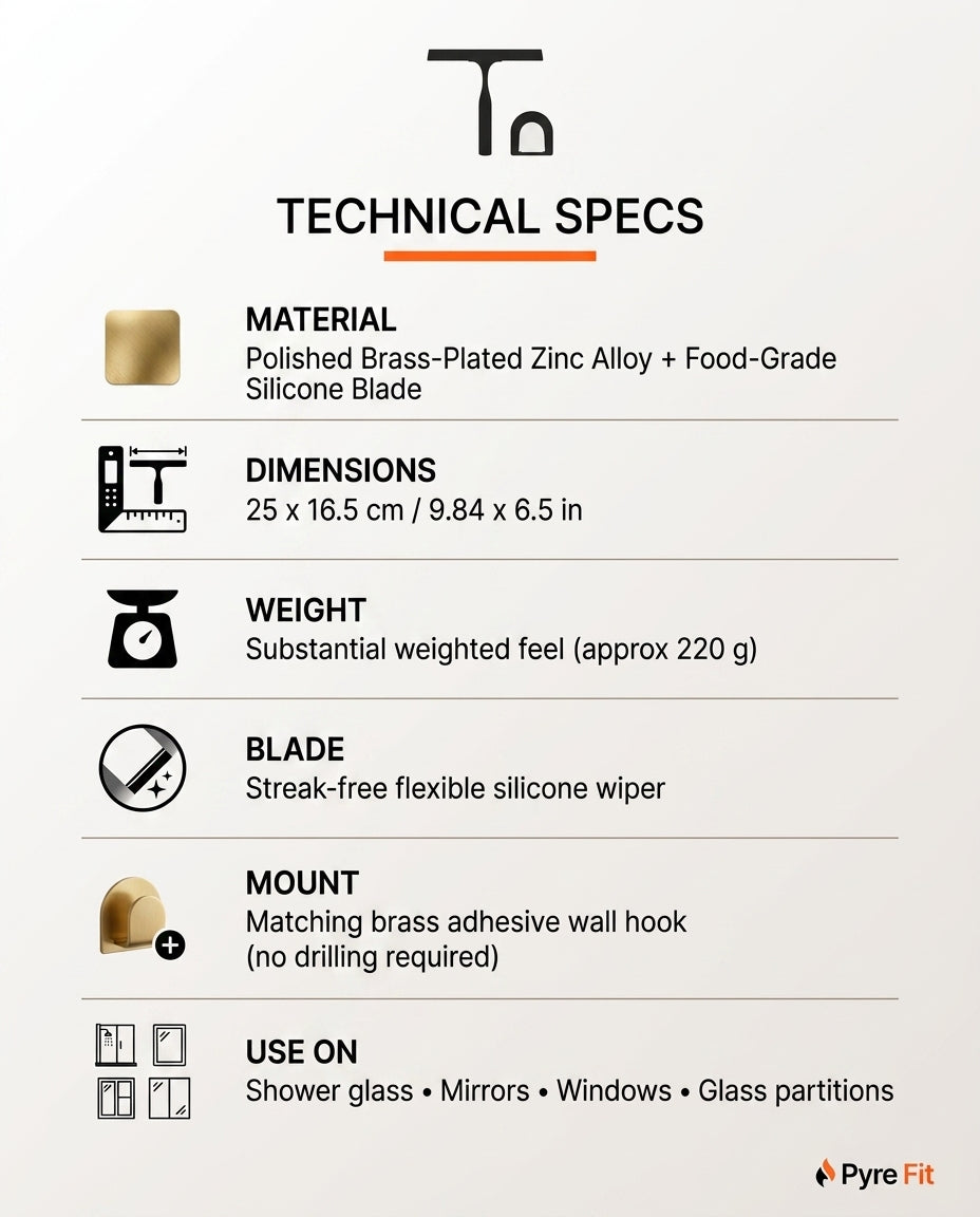 Technical specs sheet for the polished brass shower squeegee and wall hook