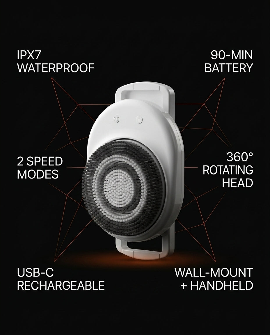 Tech specs infographic of the electric shower scrubber with labeled features