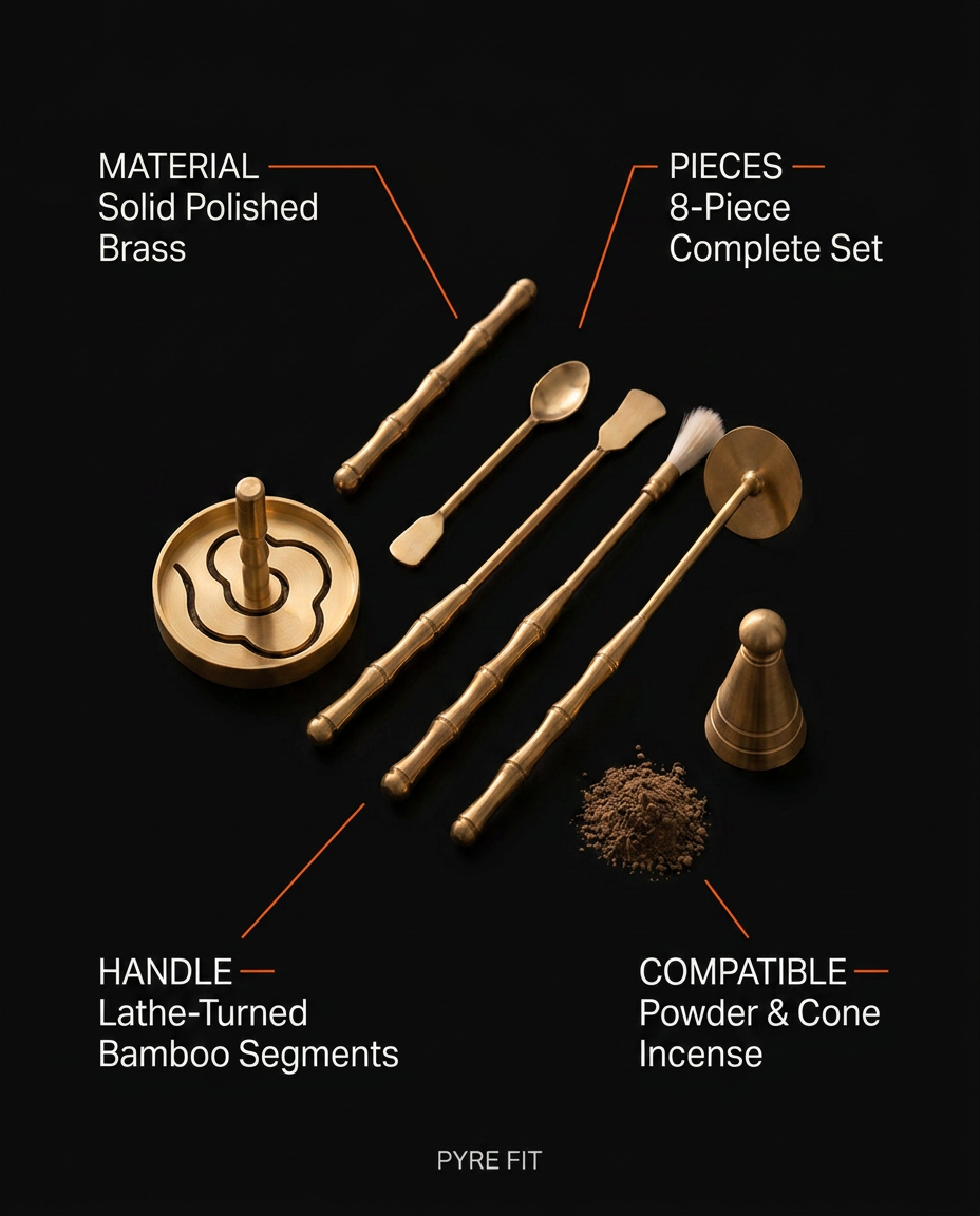 Spec infographic for the 8-piece solid brass incense tool set