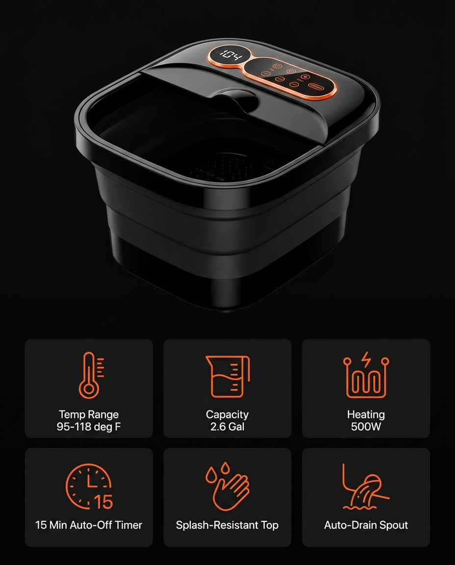 Specifications sheet for the collapsible heated foot spa massager