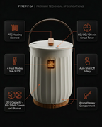 Spec callouts: PTC heating, smart timer, 4 heat modes, 20 L, aromatherapy