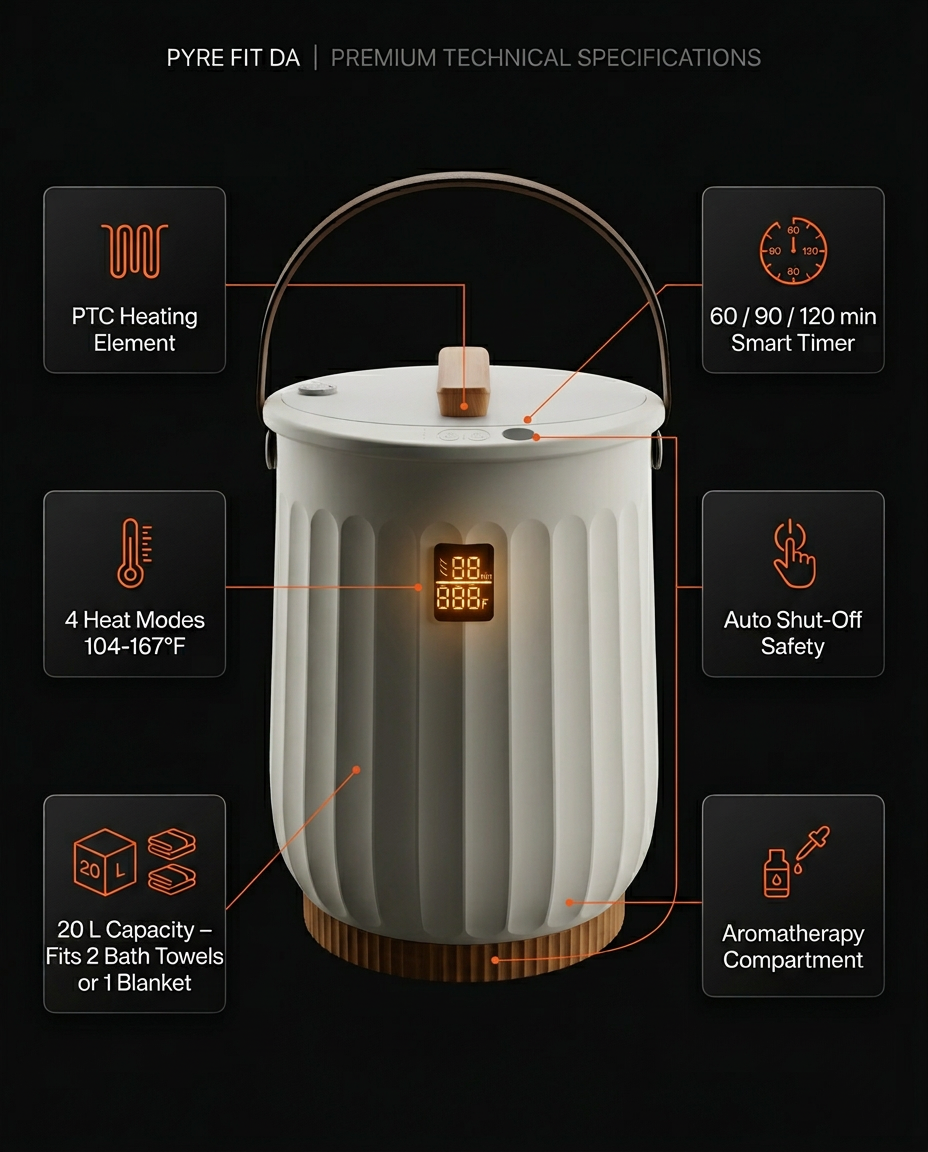 Spec callouts: PTC heating, smart timer, 4 heat modes, 20 L, aromatherapy