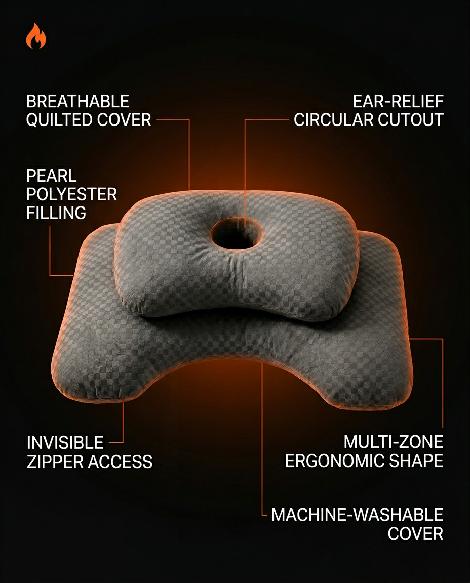 Tech specs infographic of the pillow's quilted cover, ear cutout and ergonomic shape