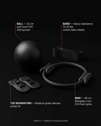 Spec graphic detailing the pilates ring, ball, band and toe separators