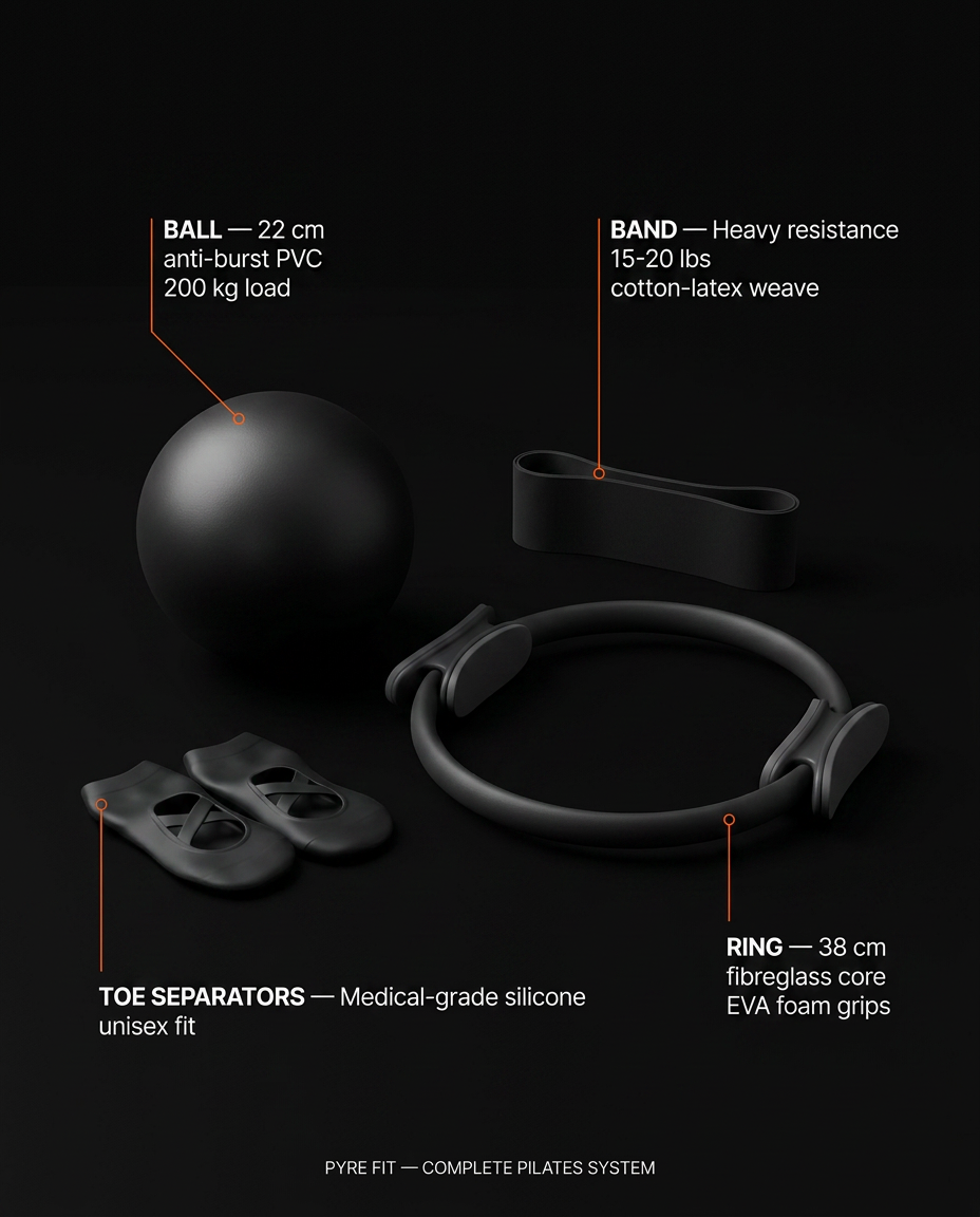 Spec graphic detailing the pilates ring, ball, band and toe separators