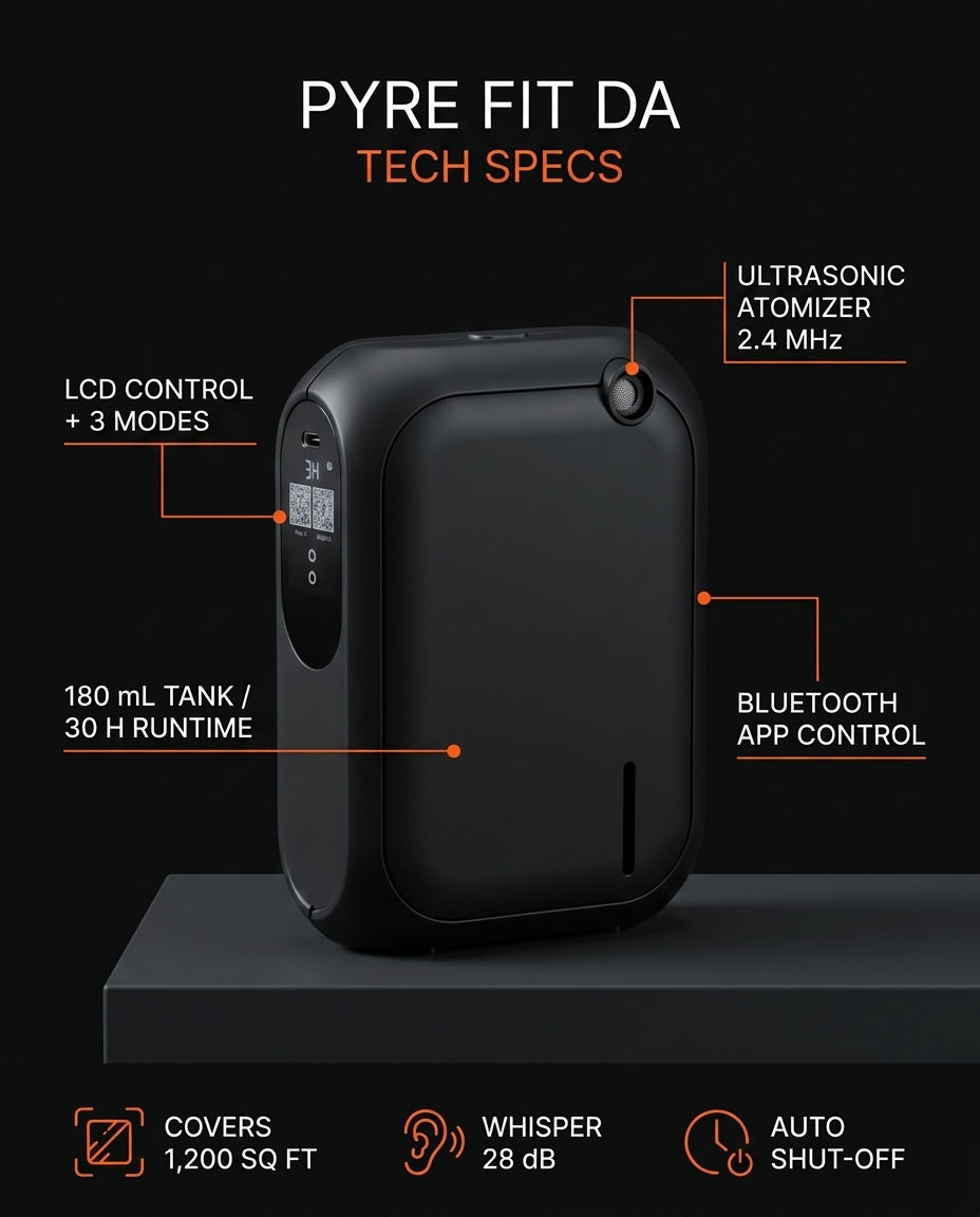 Tech specs: ultrasonic atomizer, 180 mL tank, Bluetooth app control