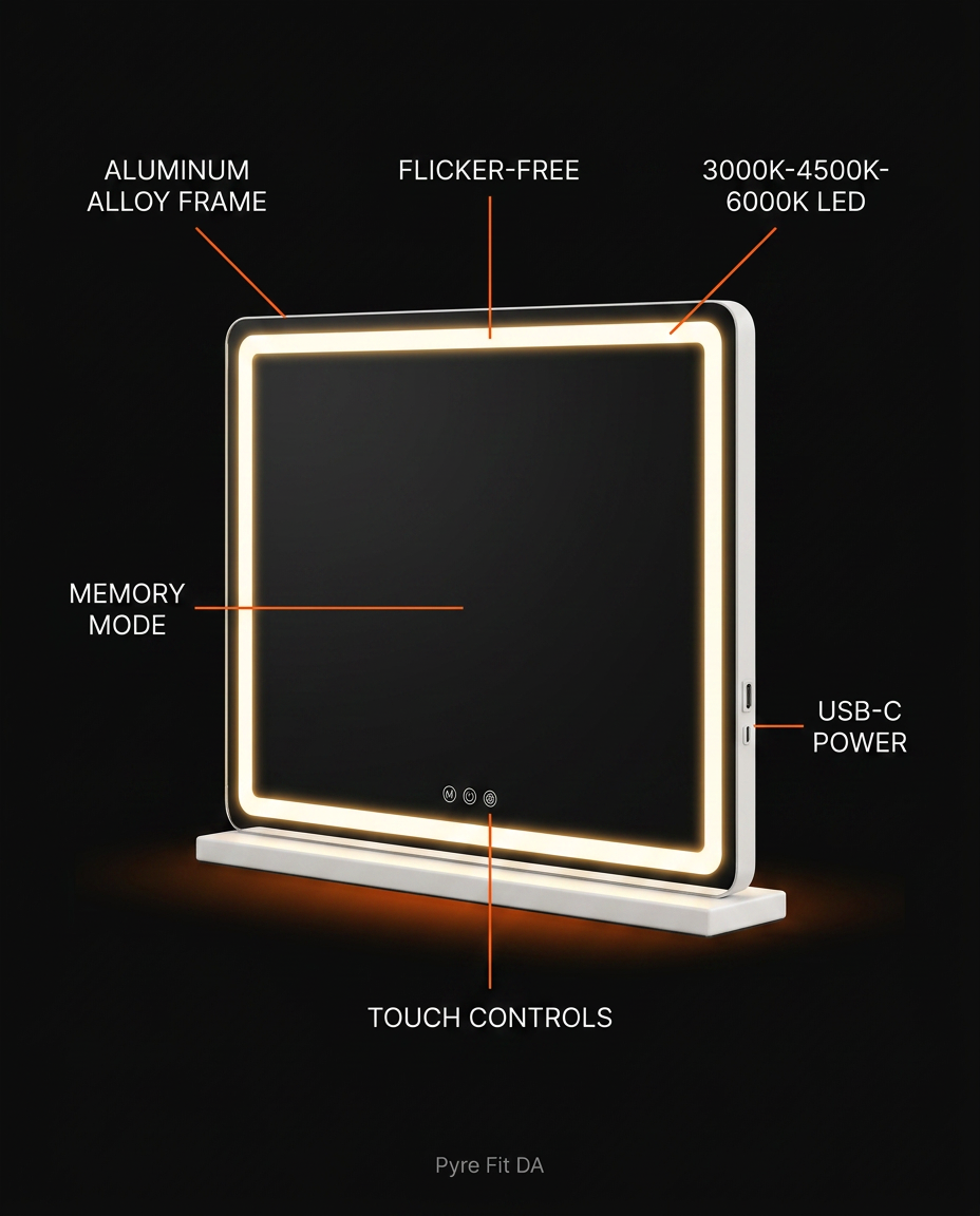 Tech specs infographic of the LED vanity mirror's alloy frame and color temperatures