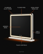 Tech specs infographic of the LED vanity mirror's alloy frame and color temperatures